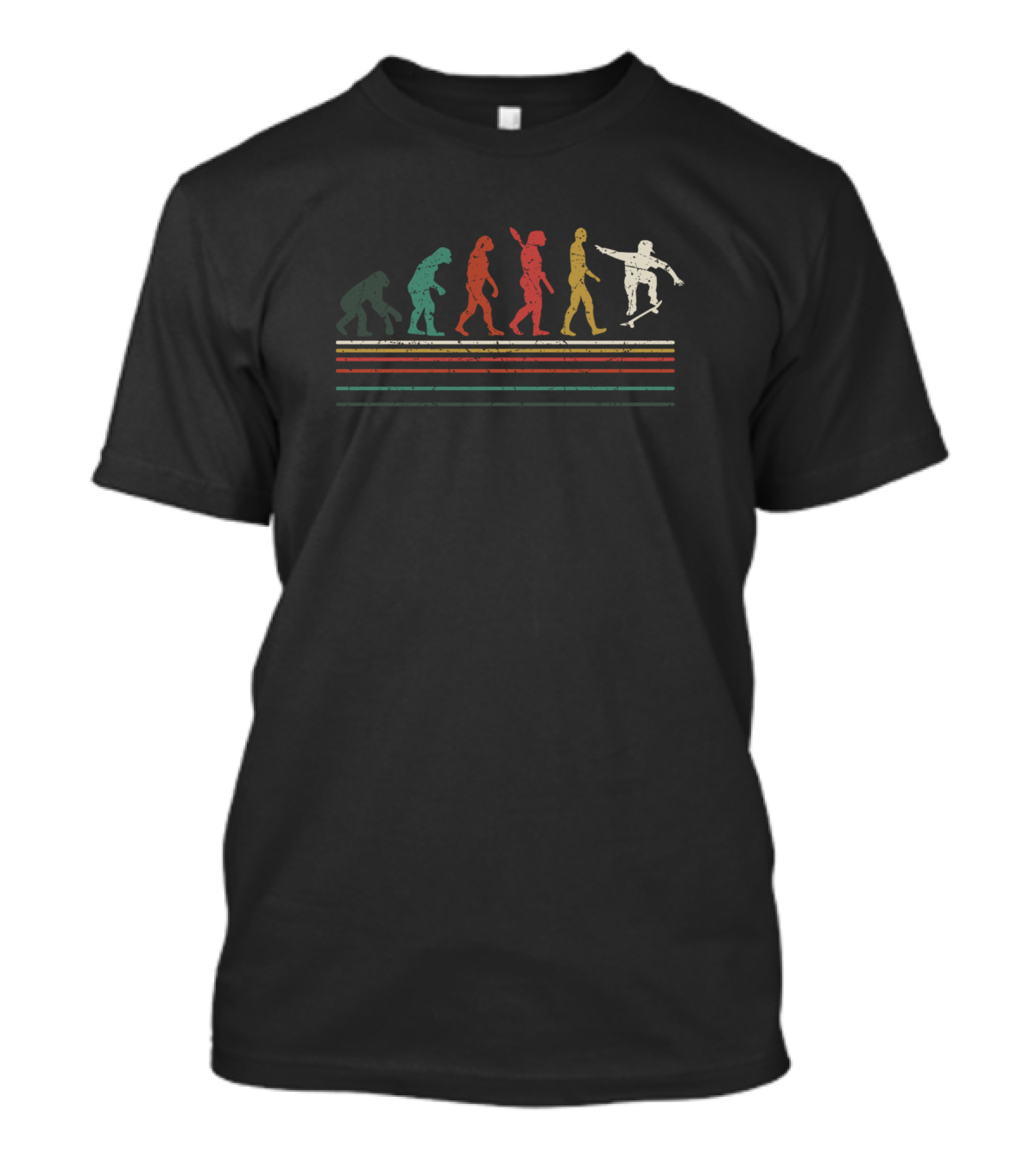 Evolution Of Skateboard Silhouettes Across Colorful Stripes T-Shirt