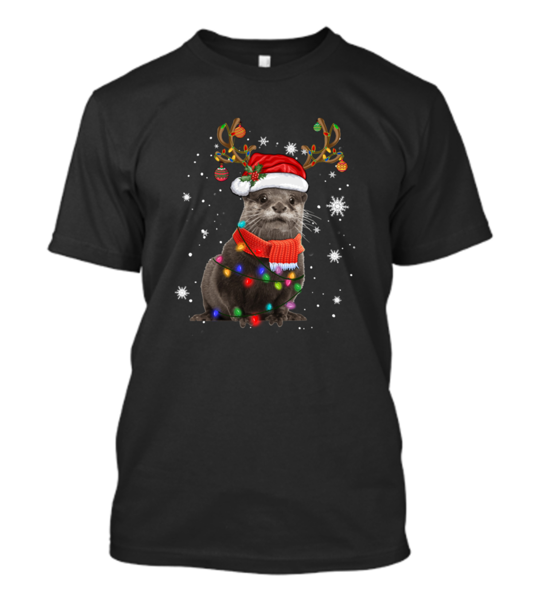 Ferret Reindeer Holiday Santa Hat Cute Christmas Lights Snowflakes T-Shirt