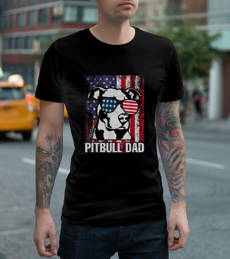 Vintage Pitbull Dad American Flag 4th of July T-Shirt