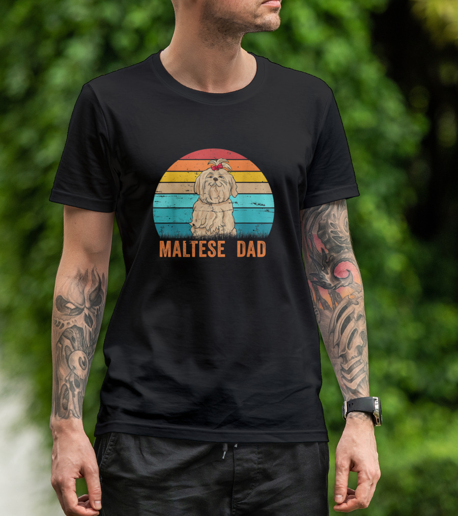 Vintage Retro Maltese Dad Dog Lover Fath Striped Sunburst T-Shirt