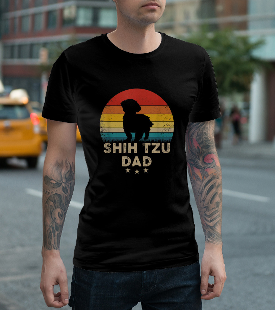 Shih Tzu Dad Vintage Silhouette Retro Sunset Mens T-Shirt