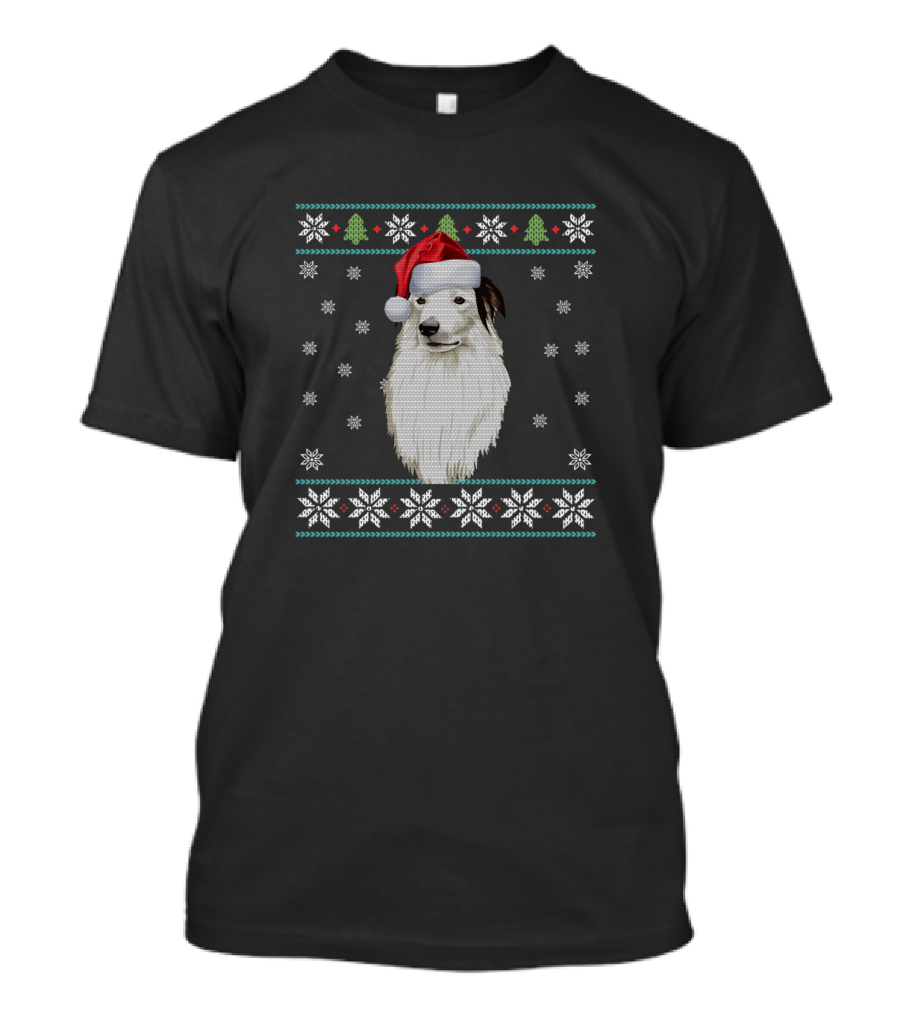 Merry Christmas Border Collie Santa Hat Snowflakes And Trees T-Shirt