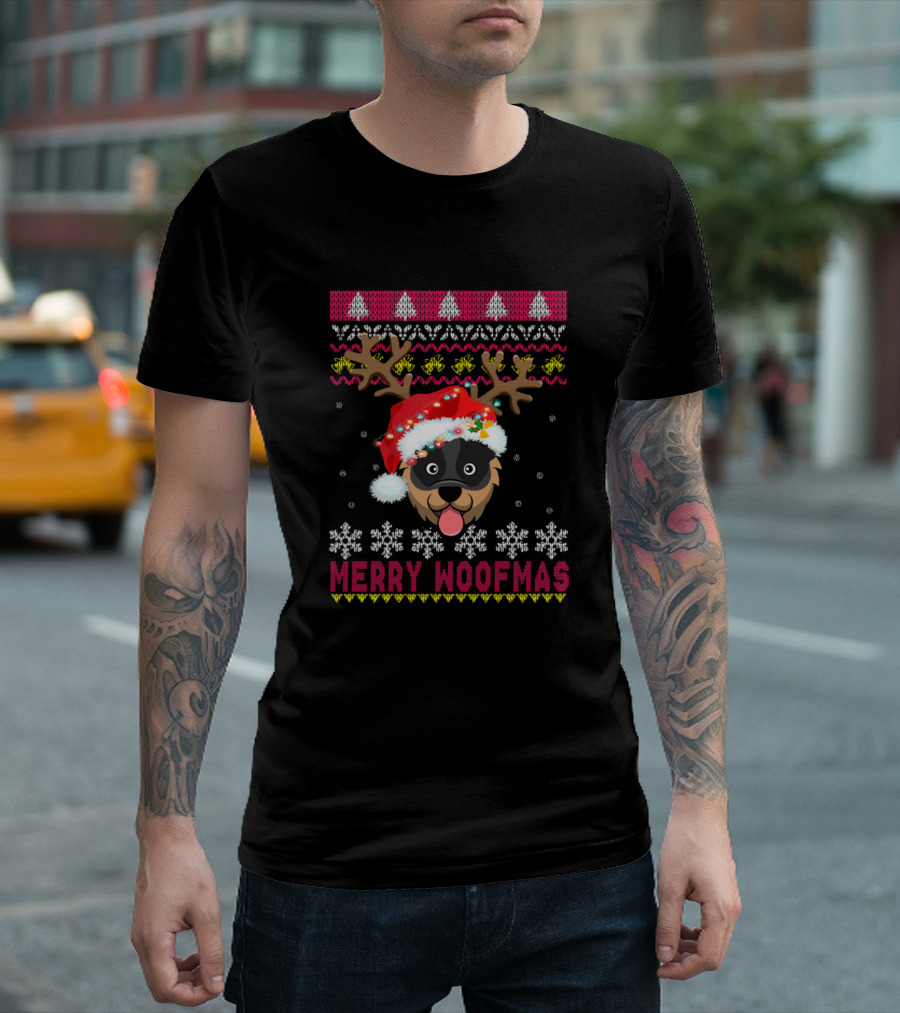 Merry Woofmas Australian Cattle Dog Reindeer Sweater Holiday Hat Snowflakes T-Shirt