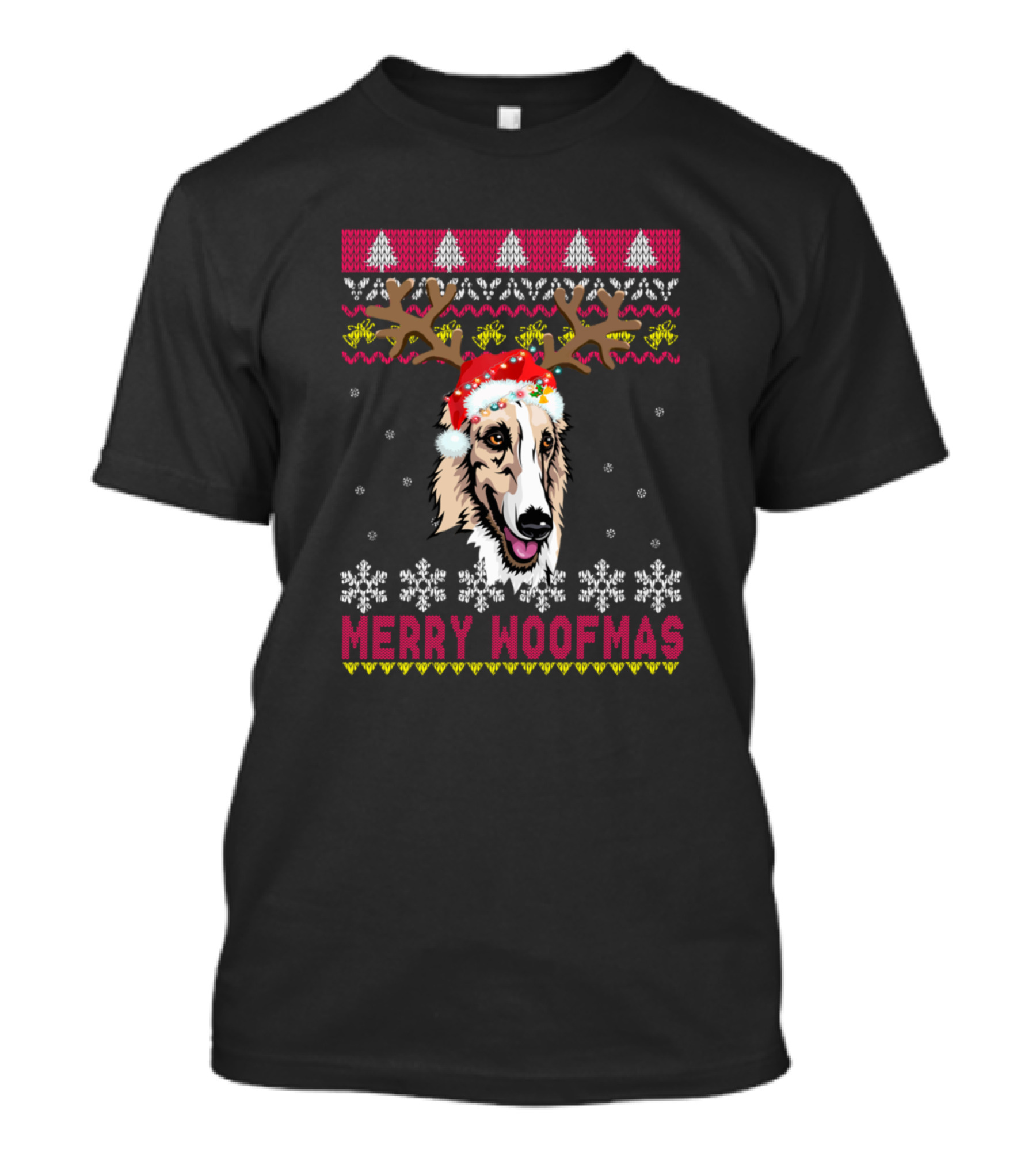 Merry Woofmas Borzoi Christmas Sweater Dog With Antlers T-Shirt