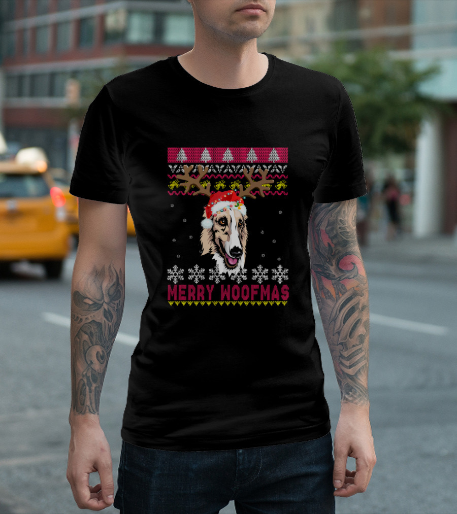 Merry Woofmas Borzoi Christmas Sweater Dog With Antlers T-Shirt
