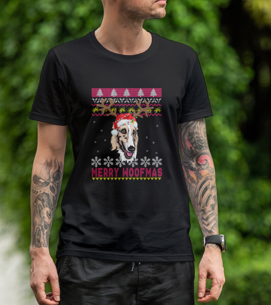 Merry Woofmas Borzoi Christmas Sweater Dog With Antlers T-Shirt