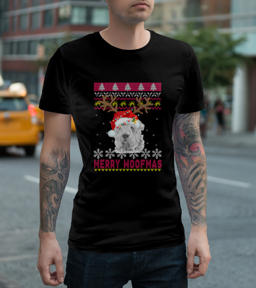 Merry Woofmas Bouvier Des Flandre Santa Hat Reindeer Antlers Snowflakes Festive T-Shirt
