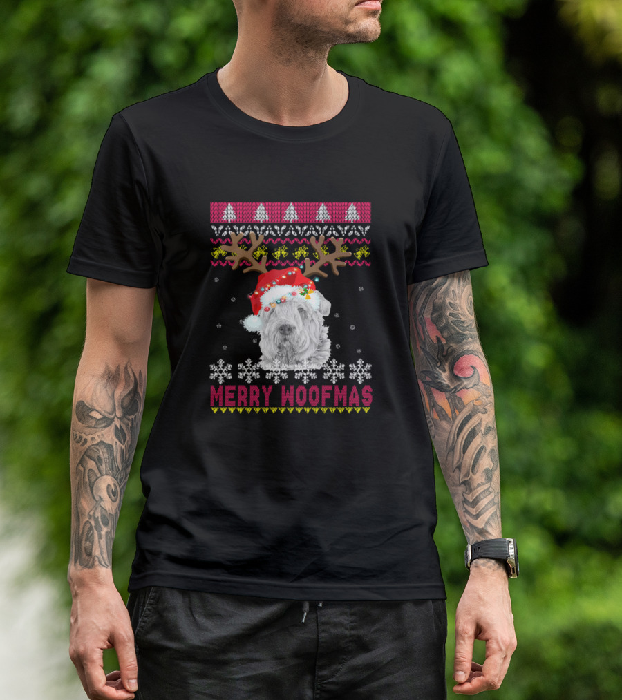 Merry Woofmas Bouvier Des Flandre Santa Hat Reindeer Antlers Snowflakes Festive T-Shirt