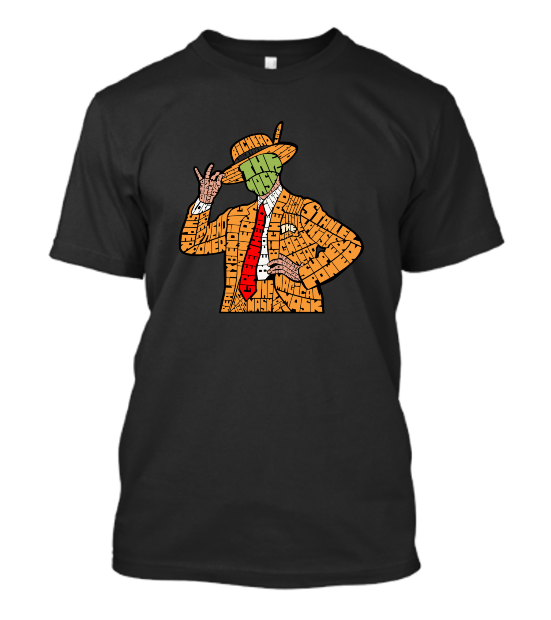 The Mask Jim Carrey Calligram Green Head Yellow Suit Text T-Shirt