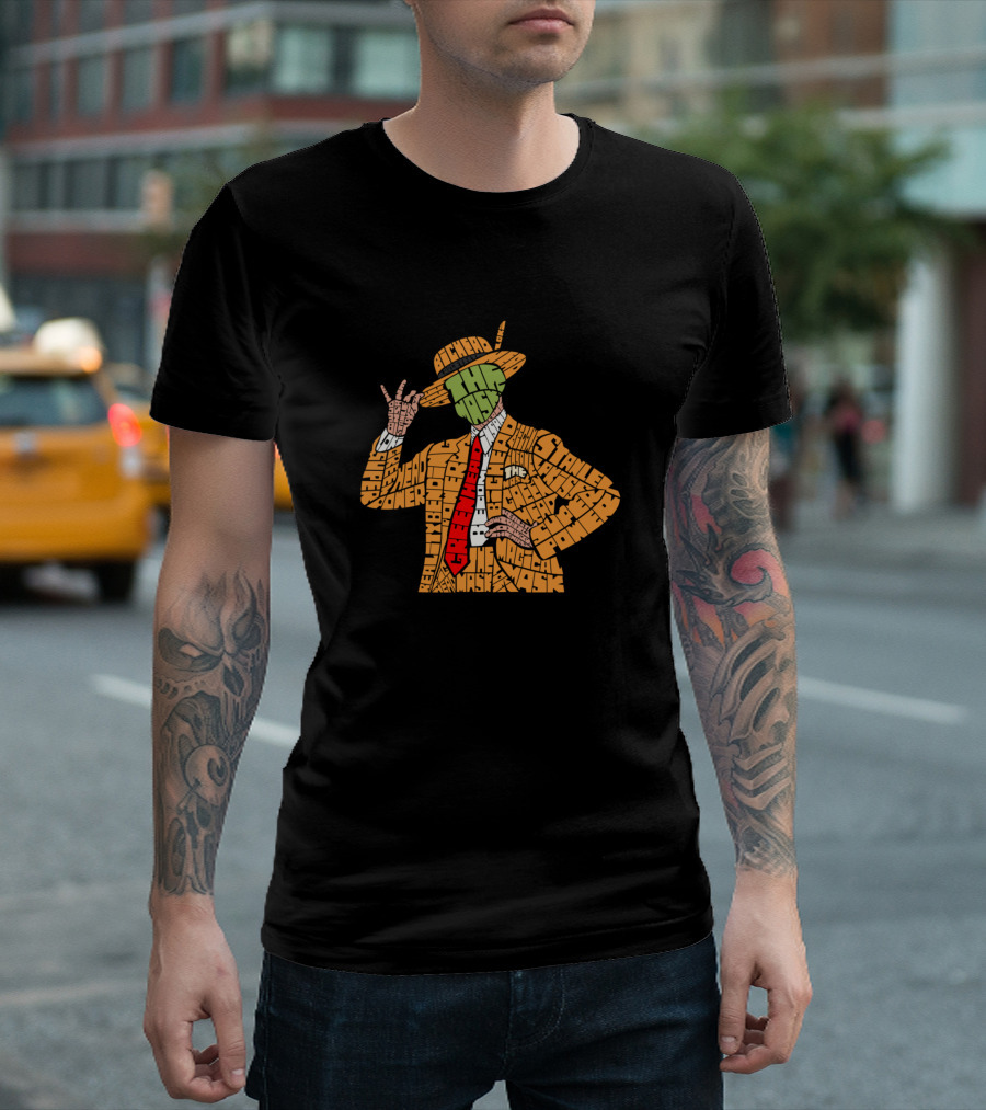 The Mask Jim Carrey Calligram Green Head Yellow Suit Text T-Shirt