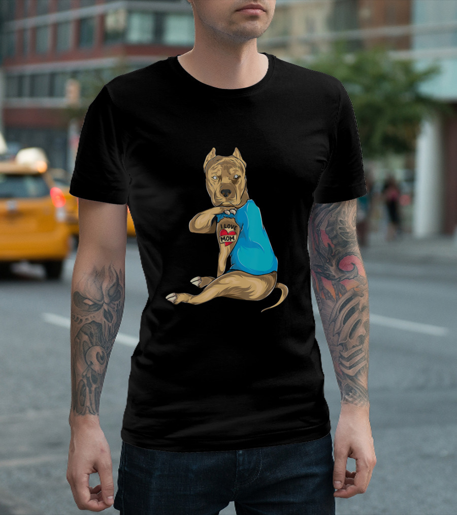Pitbull Dog I Love Mom Tattoo Funny Mothers T-Shirt