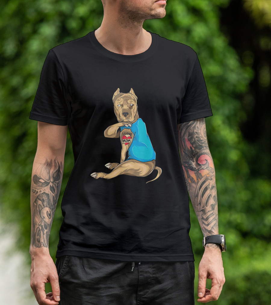 Pitbull Dog I Love Mom Tattoo Funny Mothers T-Shirt