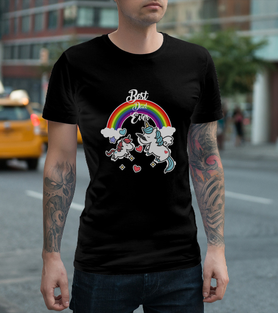 Best Dad Ever Unicorn Dad Cute Rainbow Hearts and Stars T-Shirt