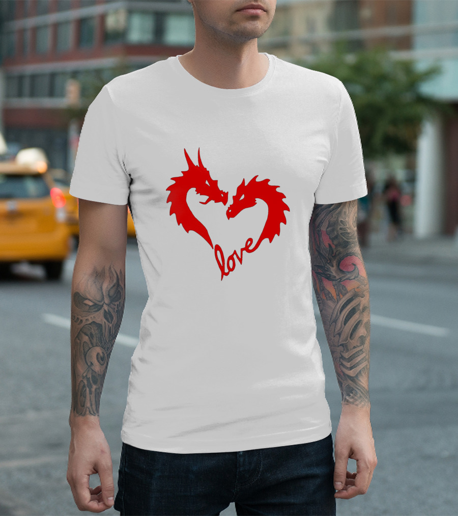Dragon Love Heart Embrace with Red Dragons and Love Script T-Shirt