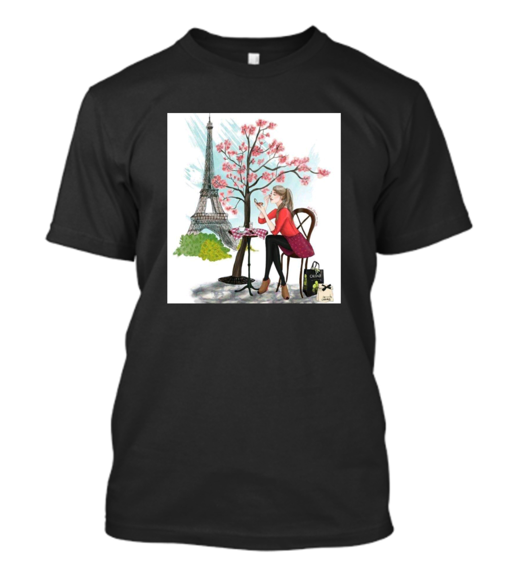 Girl Parisienne Eiffel Tower Café Scene With Cherry Blossoms T-Shirt
