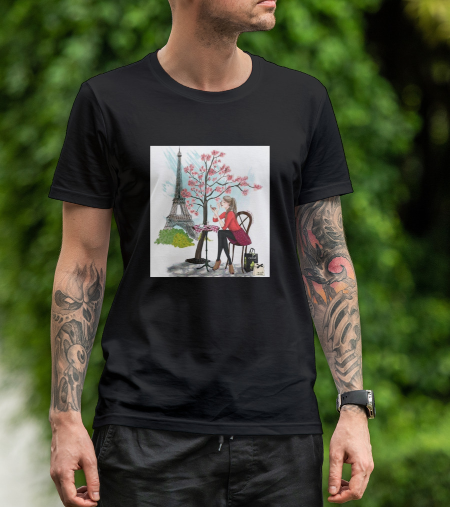 Girl Parisienne Eiffel Tower Café Scene With Cherry Blossoms T-Shirt