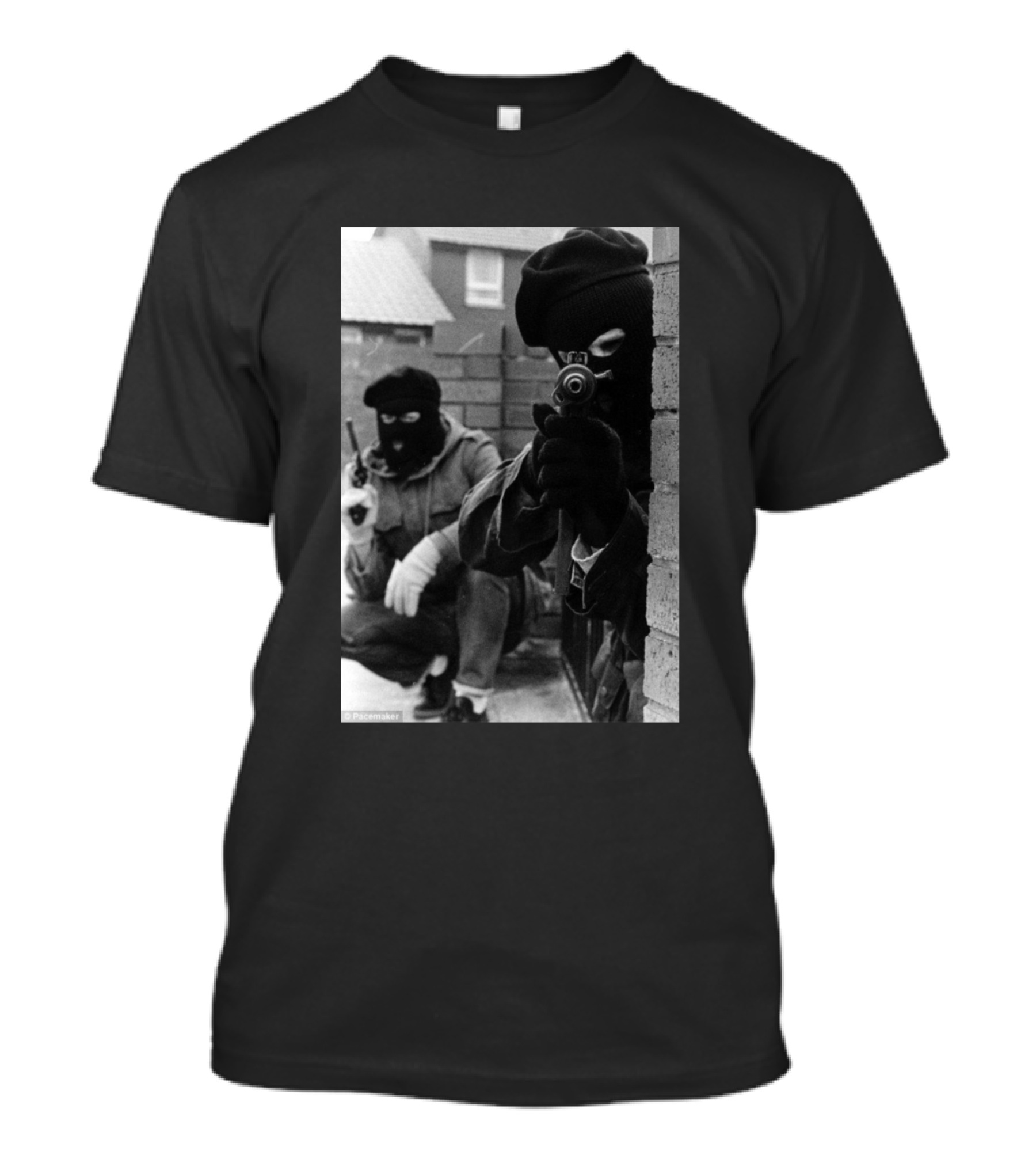 2 Men 2 Guns Masked Armed Figures Black And White Image T-Shirt
