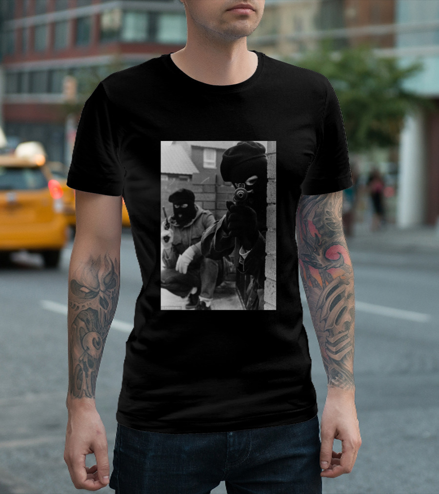 2 Men 2 Guns Masked Armed Figures Black And White Image T-Shirt