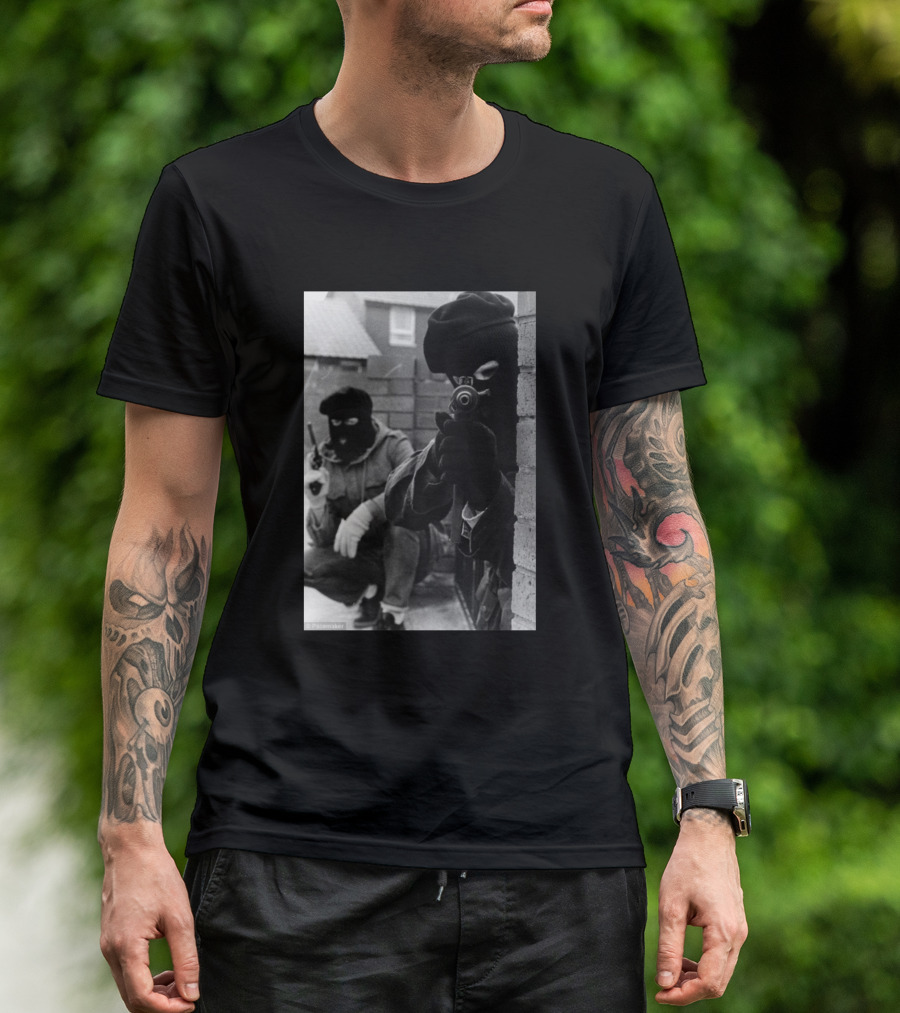 2 Men 2 Guns Masked Armed Figures Black And White Image T-Shirt