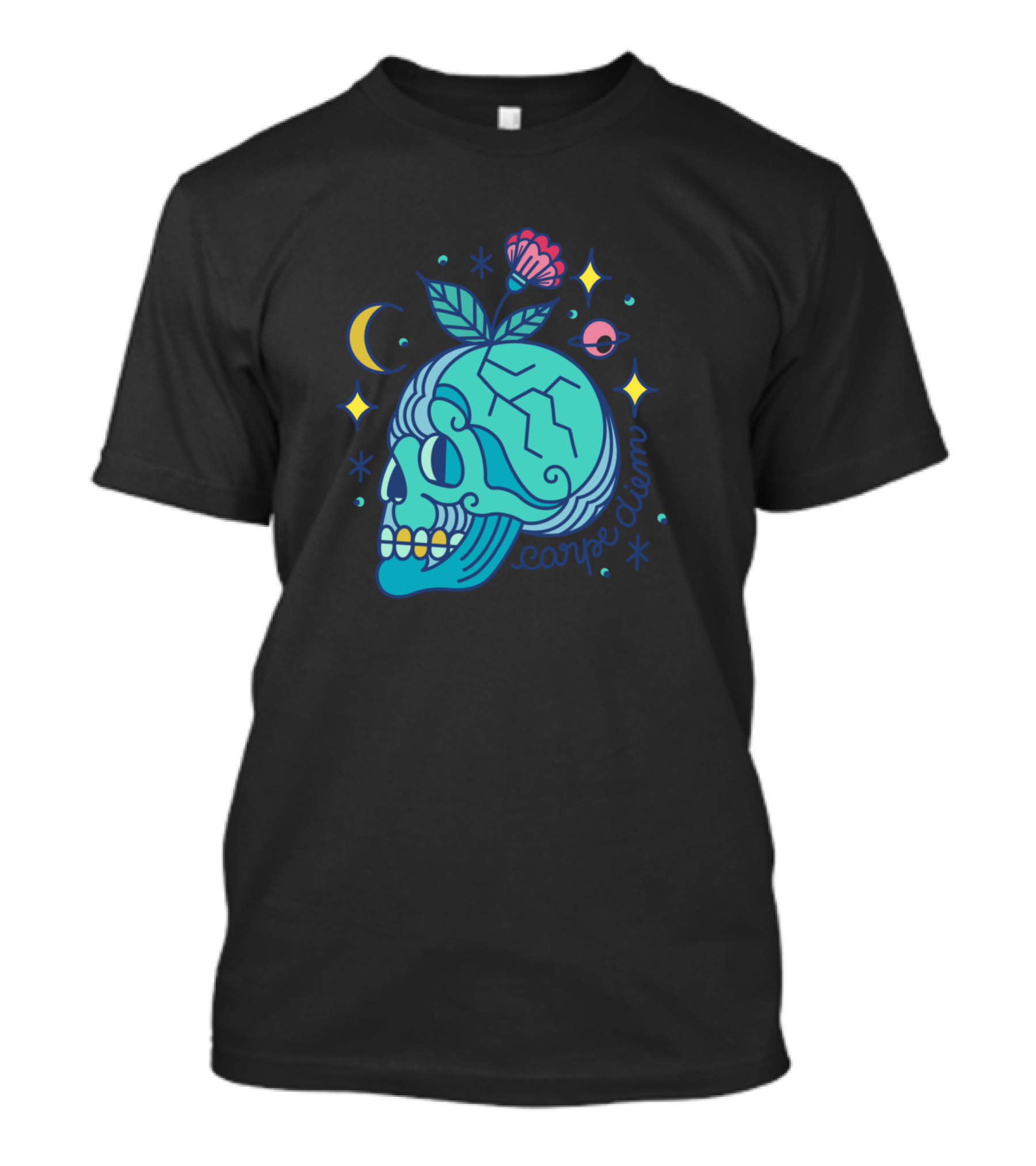 Carpe Diem Skull With Flower And Celestial Symbols T-Shirt