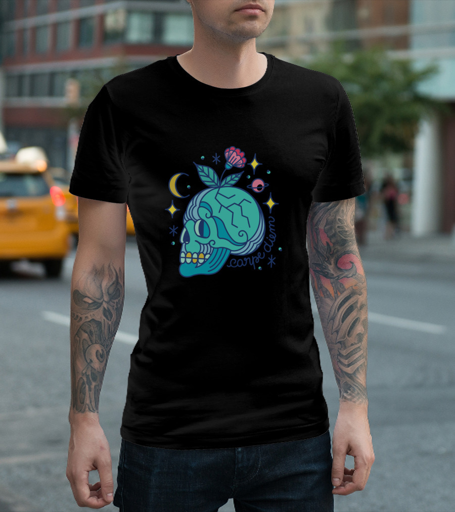 Carpe Diem Skull With Flower And Celestial Symbols T-Shirt
