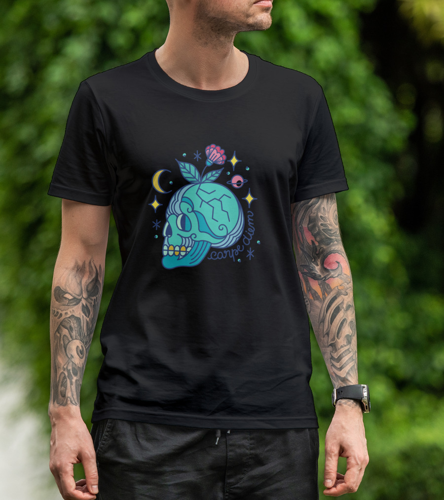 Carpe Diem Skull With Flower And Celestial Symbols T-Shirt