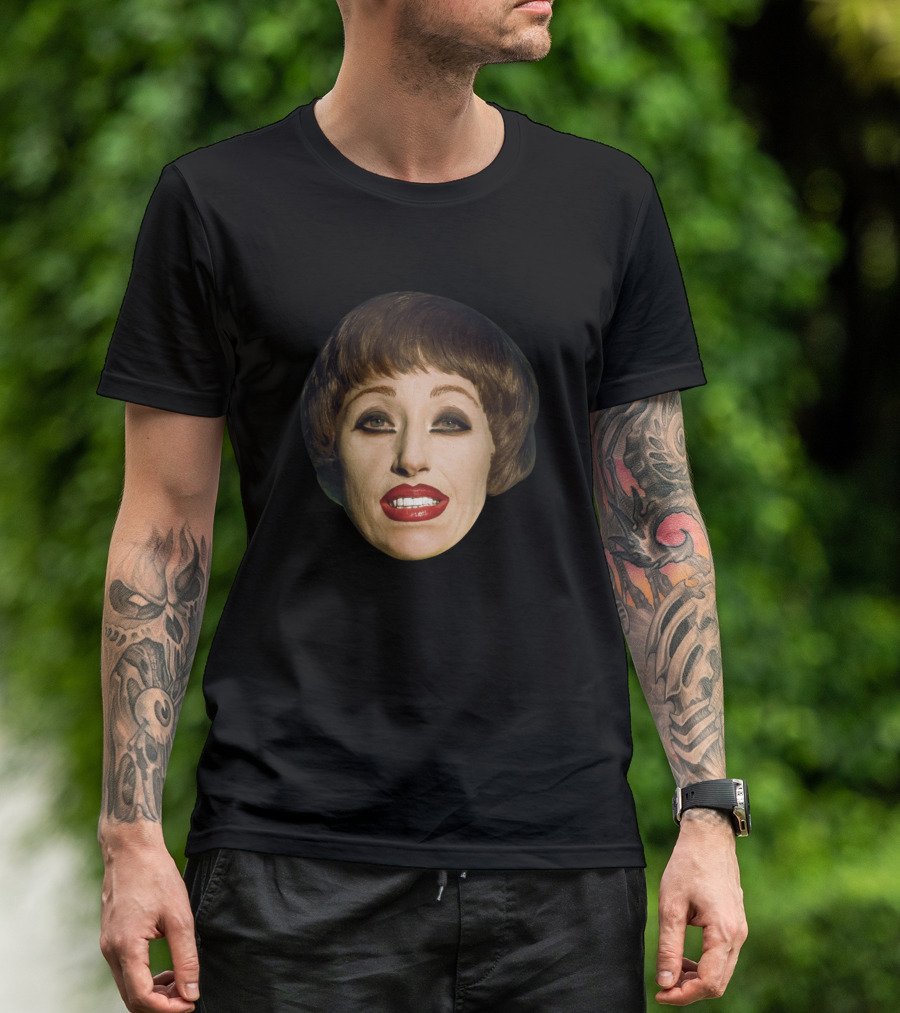 Cindy Sherman Character Expression Brown Wig Red Lips Dark Eyeshadow T-Shirt