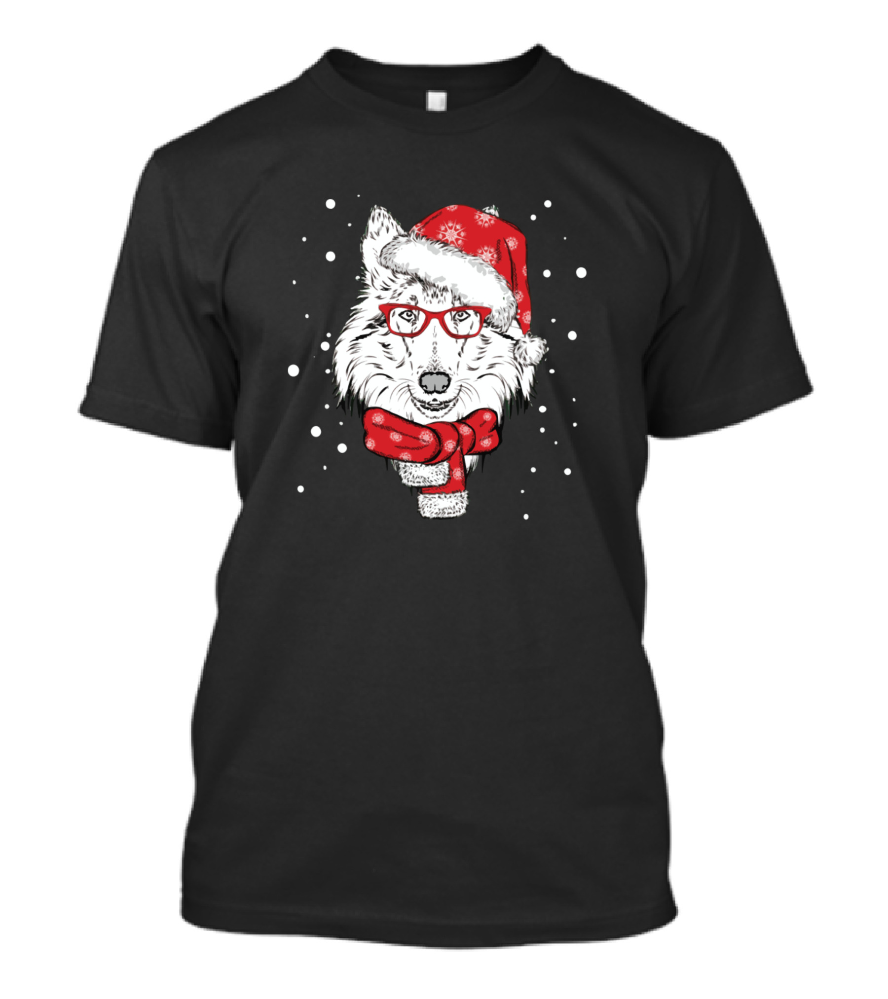 White Dog With Red Glasses And Christmas Hat Scarf Snowflakes T-Shirt
