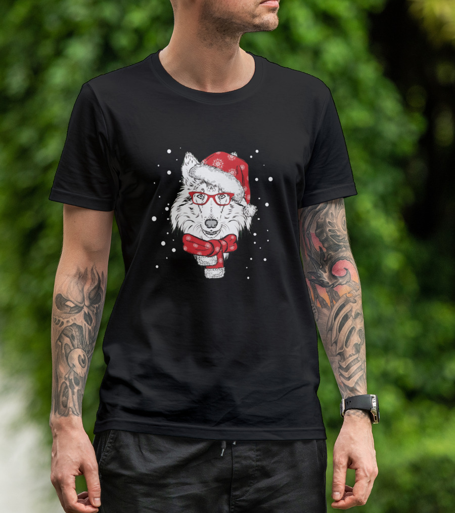 White Dog With Red Glasses And Christmas Hat Scarf Snowflakes T-Shirt