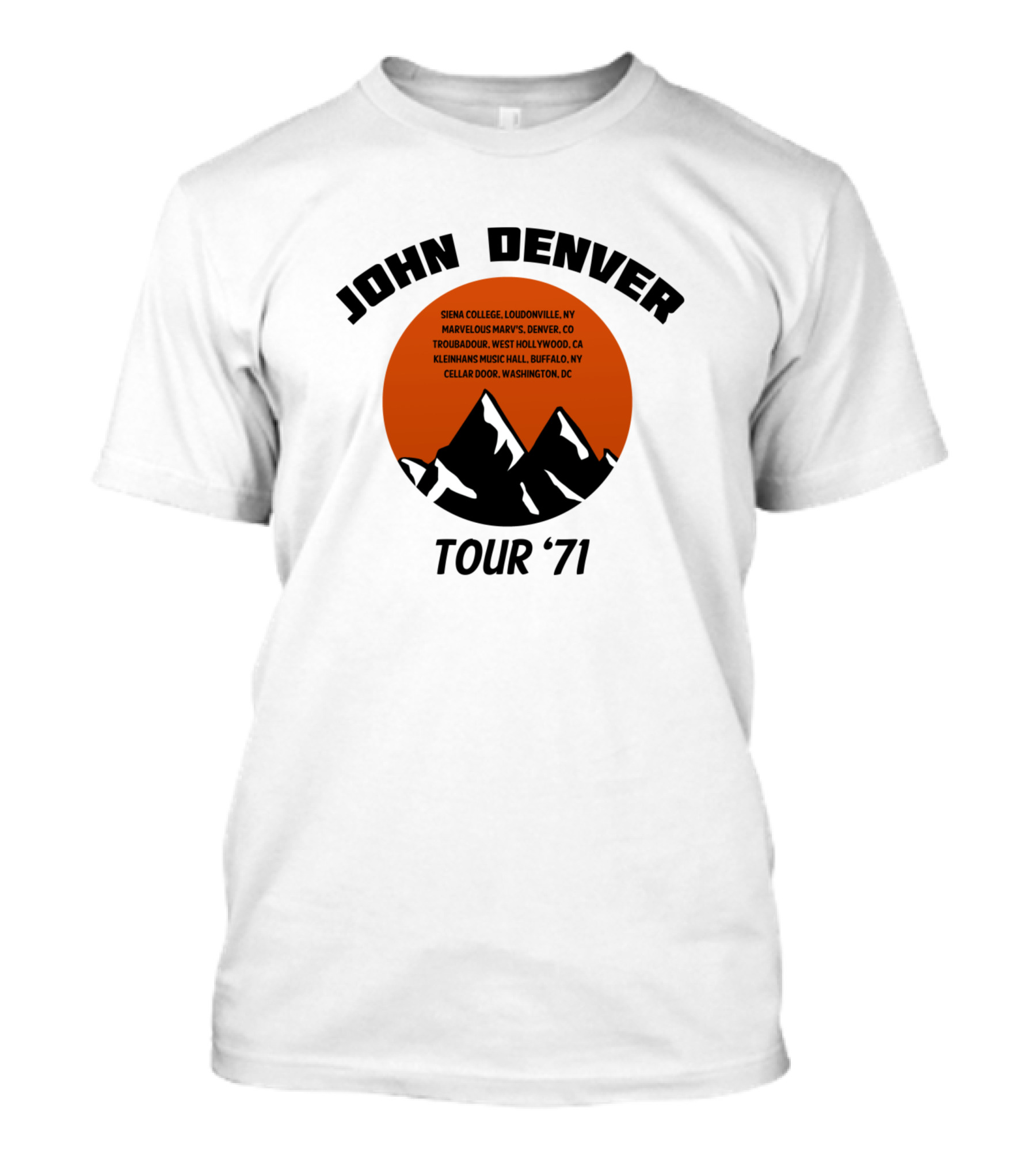 John Denver Tour '71 Siena College Mary Sol's Troubadour Kleinhans Cellar Door T-Shirt