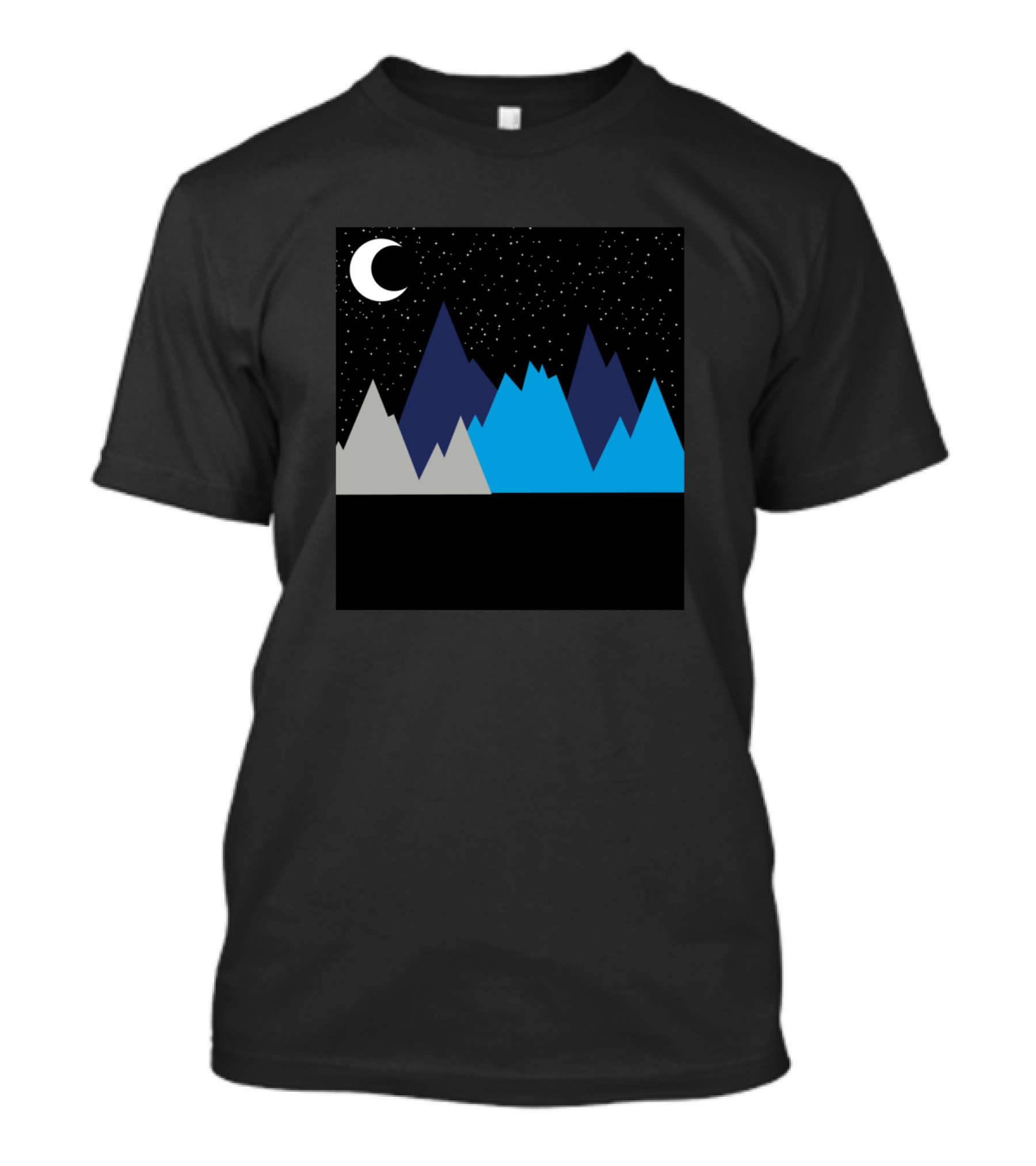 Crescent Moon Over Vibrant Blue And Grey Mountain Peaks In Starry Night Sky T-Shirt