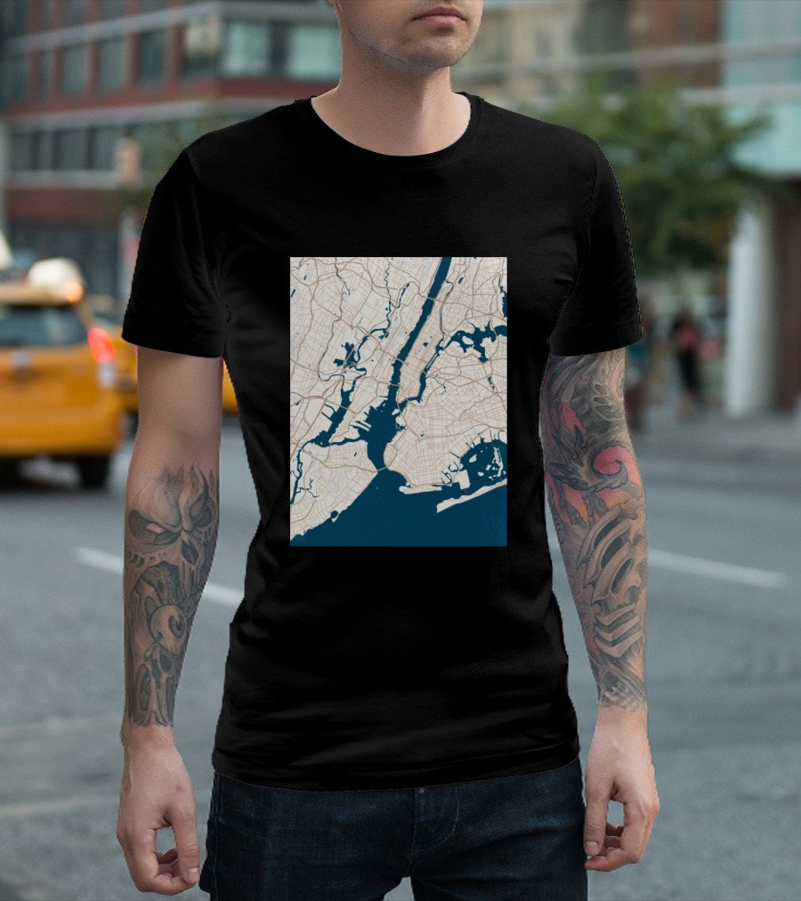New York City Map Manhattan Brooklyn Queens Detailed Roads And Waterways T-Shirt