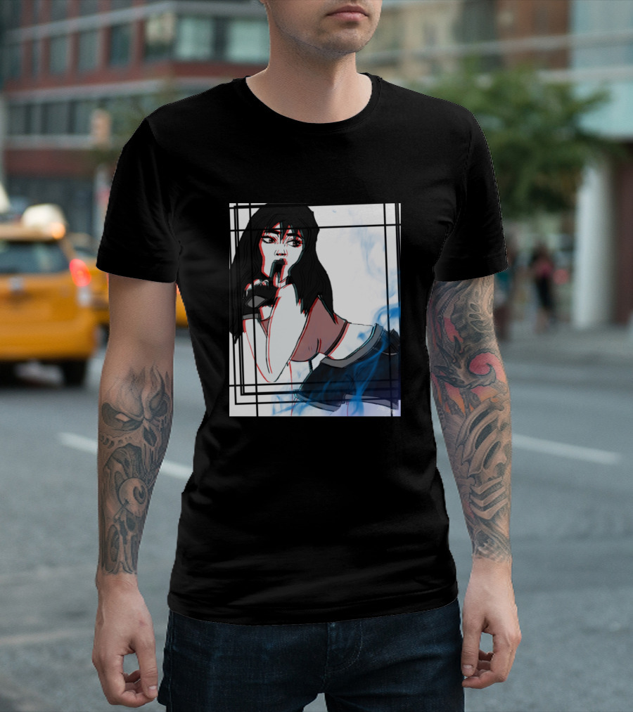 Otaku Anime Girl with Black Hair and Blue Smoke T-Shirt