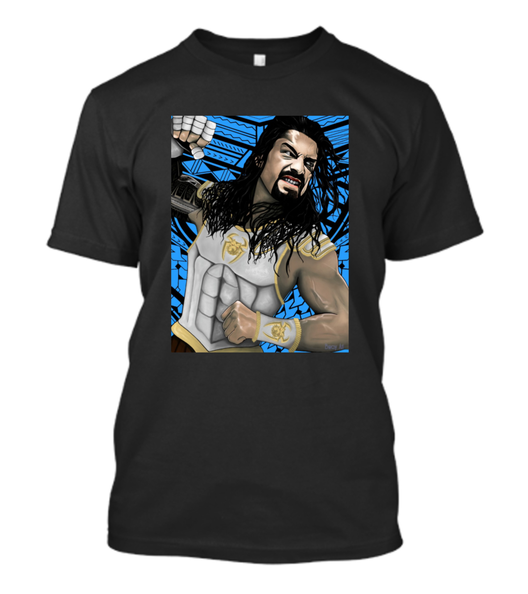 Roman Reigns Warrior Pose With Blue Tribal Pattern Background T-Shirt