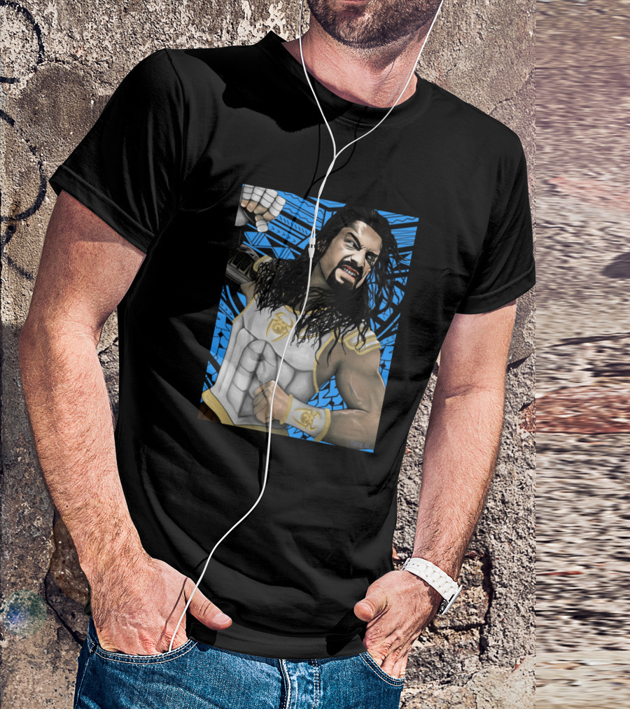 Roman Reigns Warrior Pose With Blue Tribal Pattern Background T-Shirt