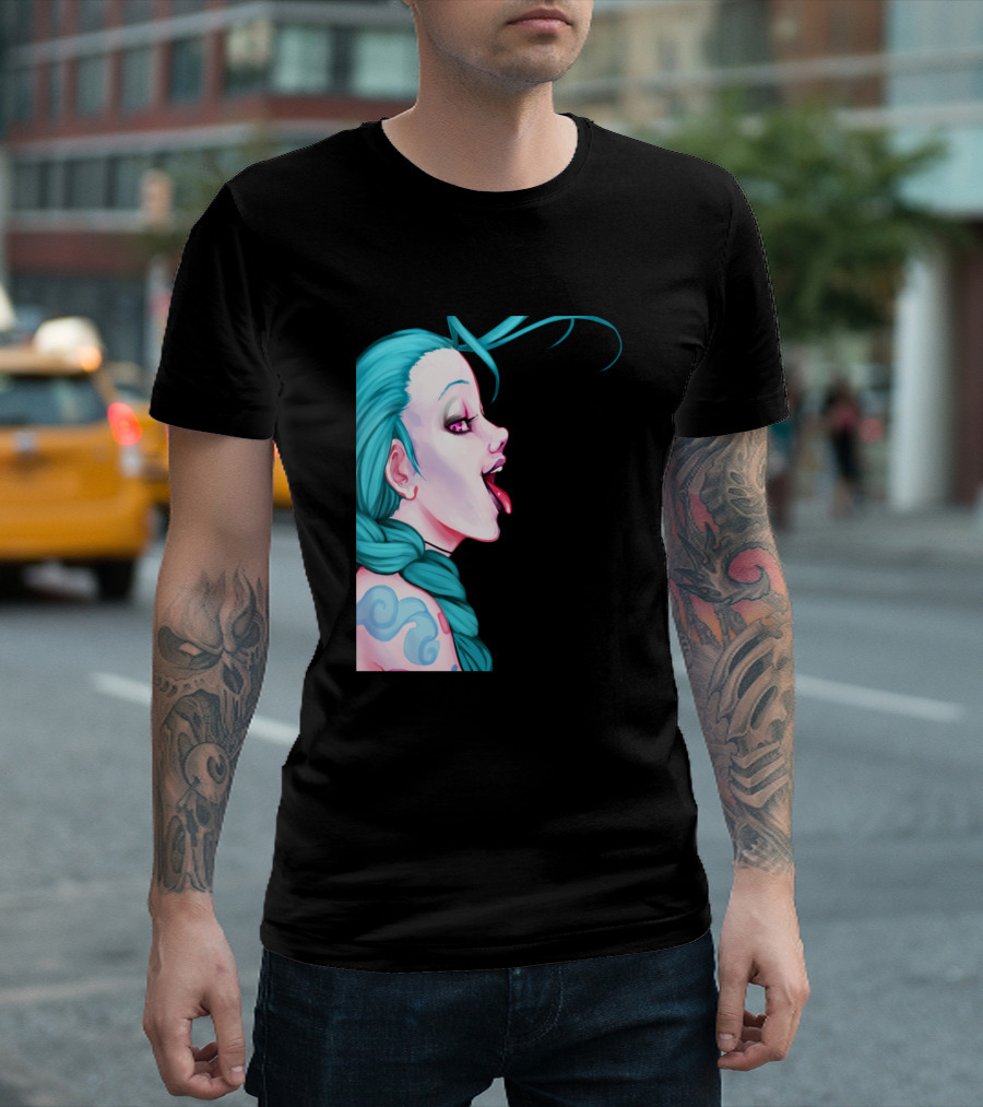 The Jinx Braided Hair Blue Tattoo Playful Tongue Out T-Shirt