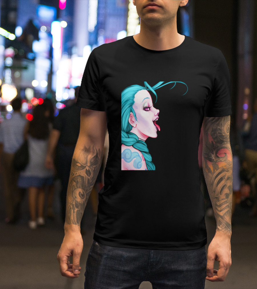 The Jinx Braided Hair Blue Tattoo Playful Tongue Out T-Shirt