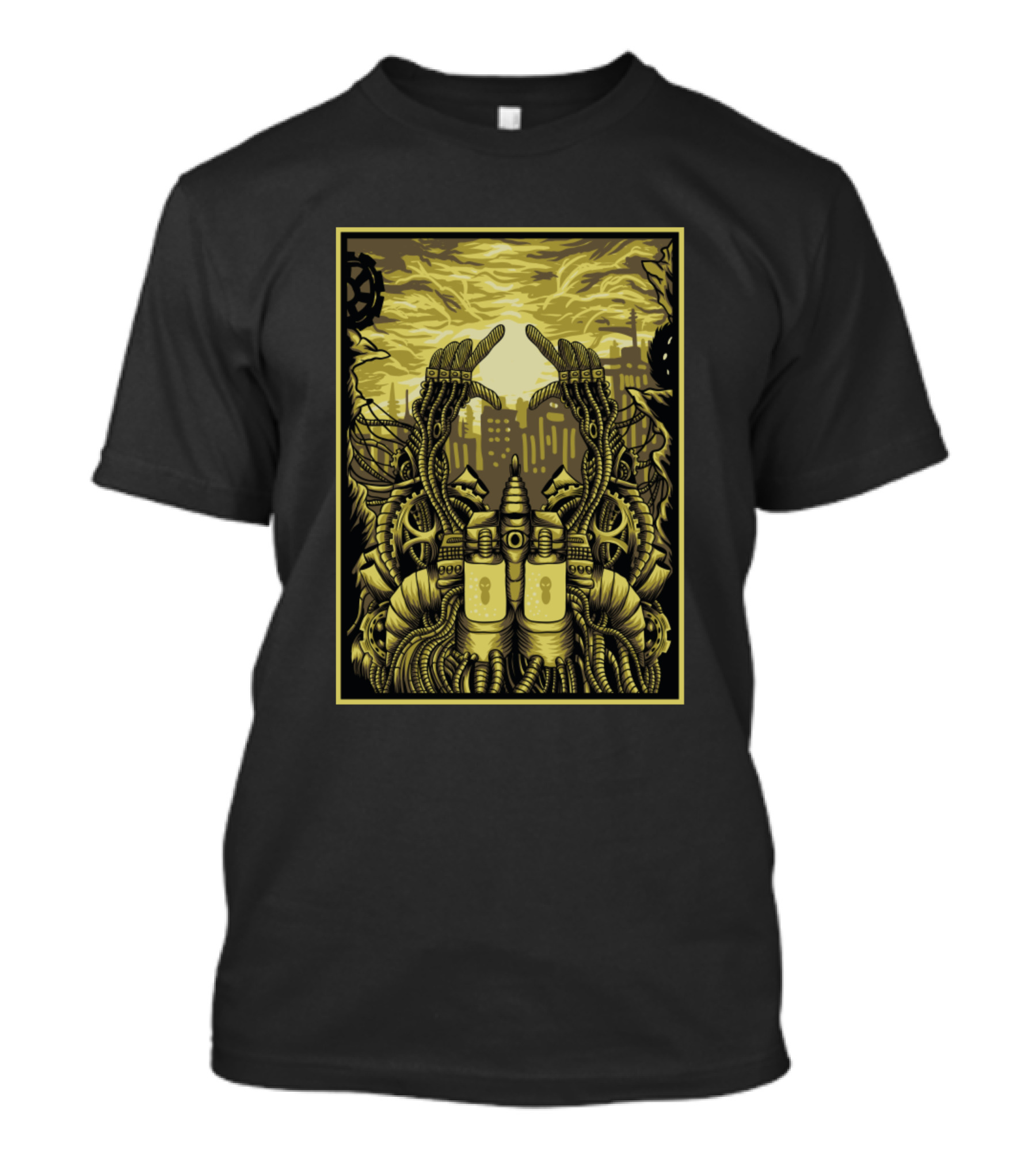 Illuminati Space Cityscape With Robotic Hands And Industrial Skyline T-Shirt