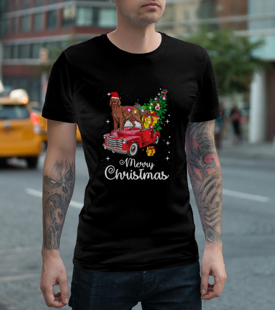 Merry Christmas Irish Setter on Red Truck with Presents and Tree T-Shirt