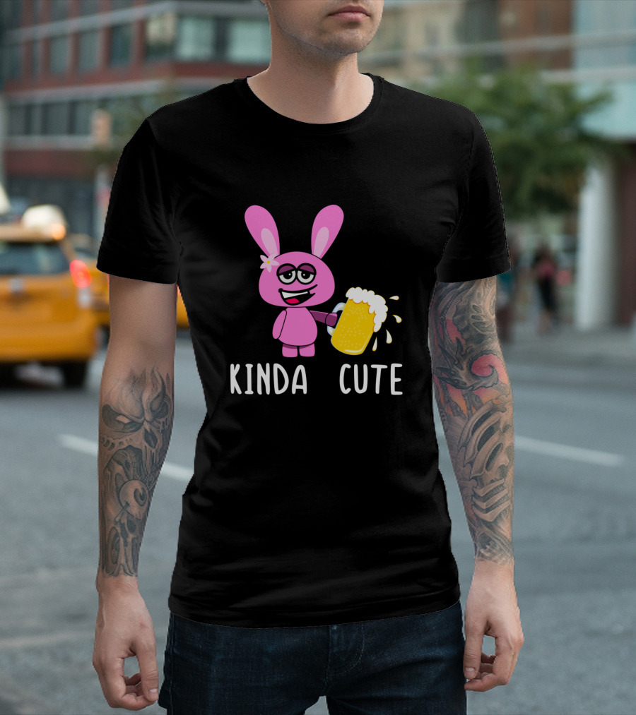 Kinda Cute Pink Rabbit Holding Beer Suspicious Expression T-Shirt