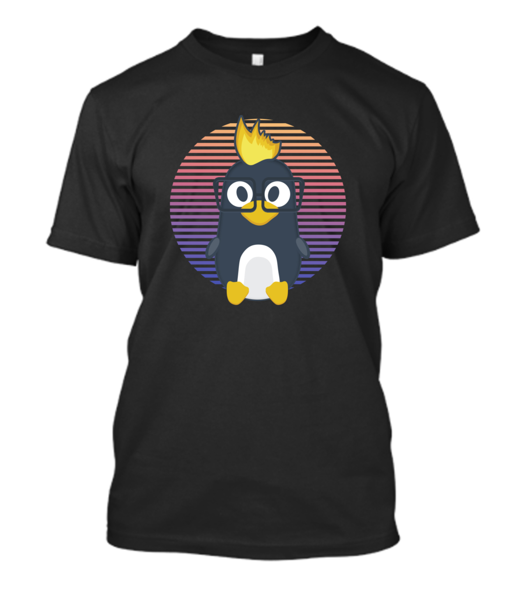 Linux Tux Penguin With Glasses And Retro Sunset Stripes T-Shirt
