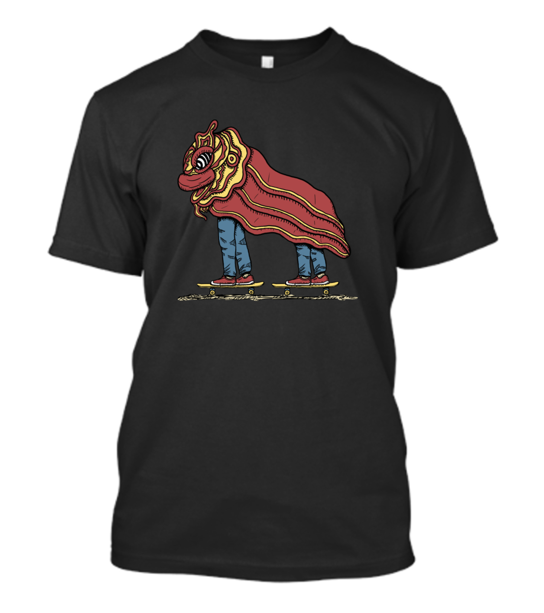 Lion Dance With Skateboard Red Costume Blue Jeans Sneakers T-Shirt