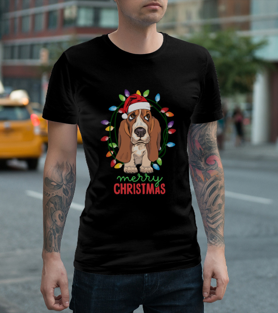 Merry Christmas Basset Hound Santa Hat with Colorful Holiday Lights T-Shirt