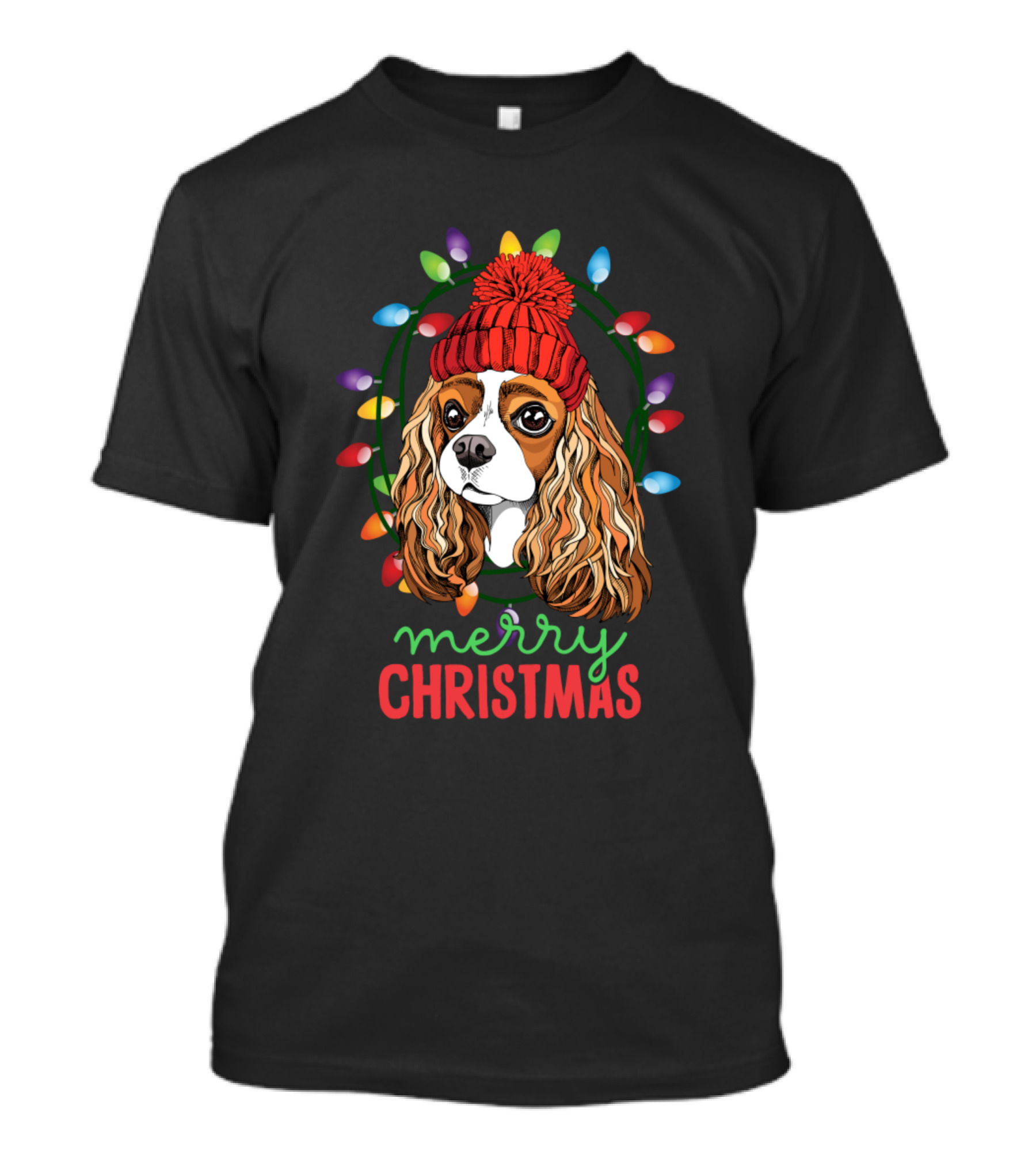 Merry Christmas Cavalier King Charles Spaniel In Festive Hat With Holiday Lights T-Shirt