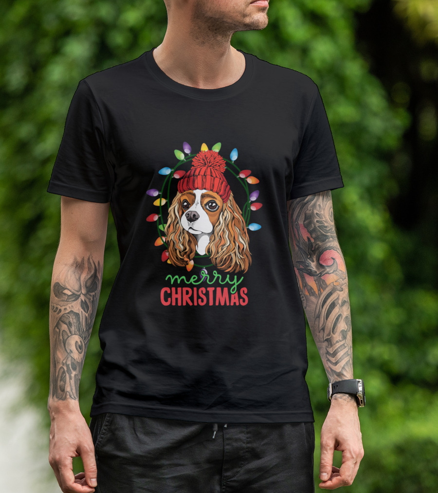 Merry Christmas Cavalier King Charles Spaniel In Festive Hat With Holiday Lights T-Shirt