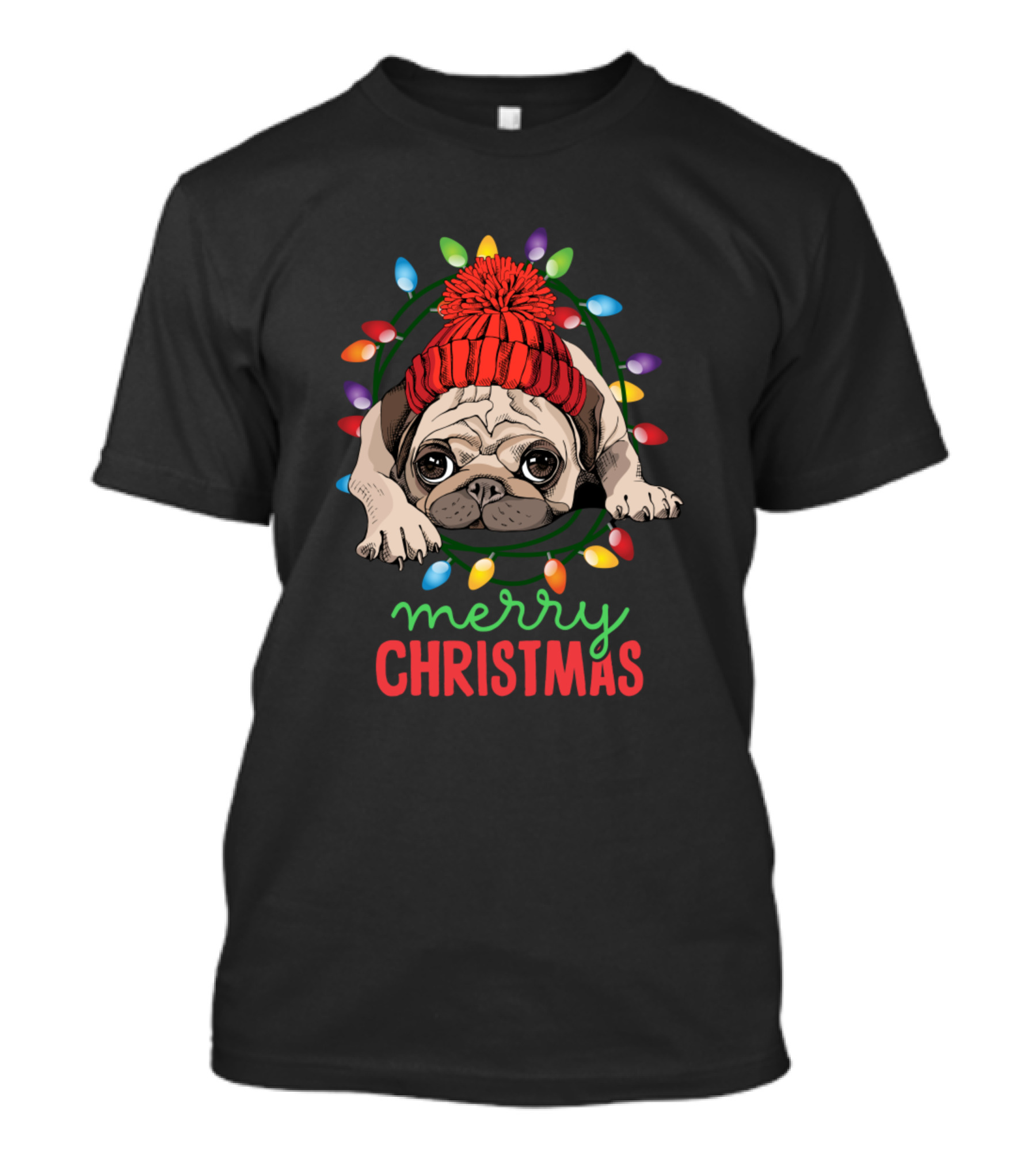 Merry Christmas Cute Pug Puppy Christmas Lights Beanie T-Shirt