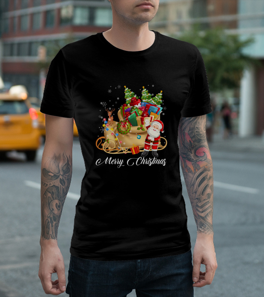 Merry Christmas Santa Claus Sleigh Gift Bag Reindeer Trees T-Shirt
