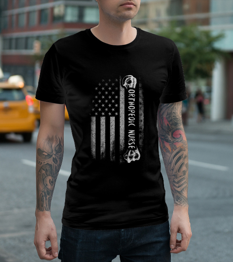 Orthopedic Nurse USA Flag Bone Design RN Ortho Nursing T-Shirt