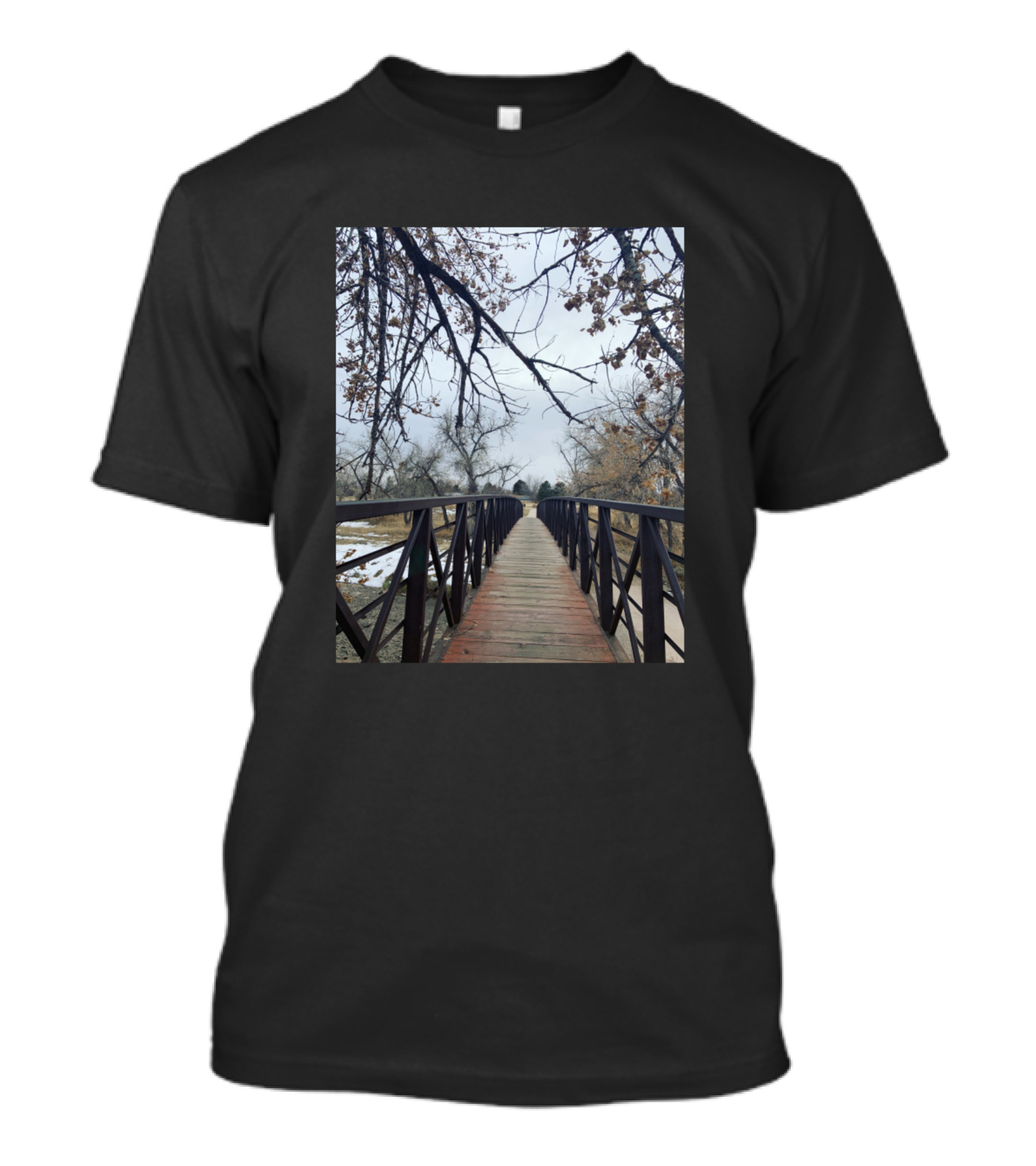 Path In The Woods Bridge Crossing Through Bare Trees And Snowy Landscape T-Shirt