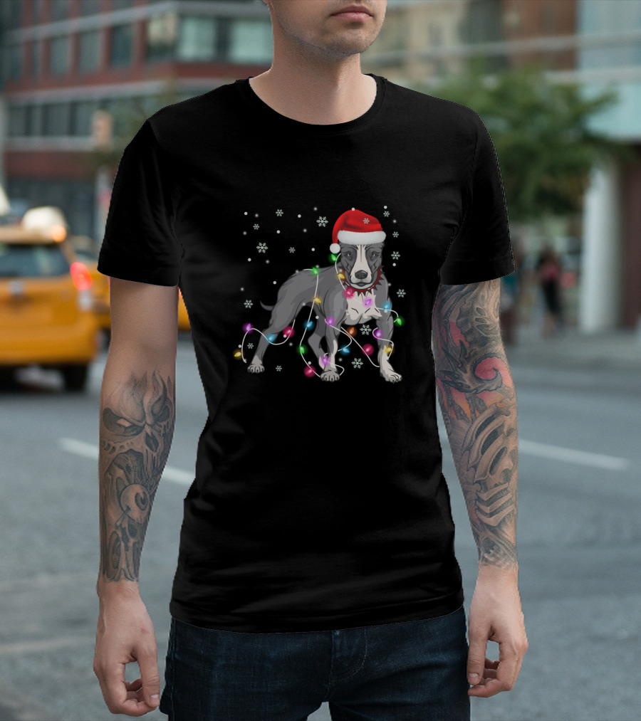 Pitbull Santa Hat Christmas Lights Dog Lover Snowflakes T-Shirt